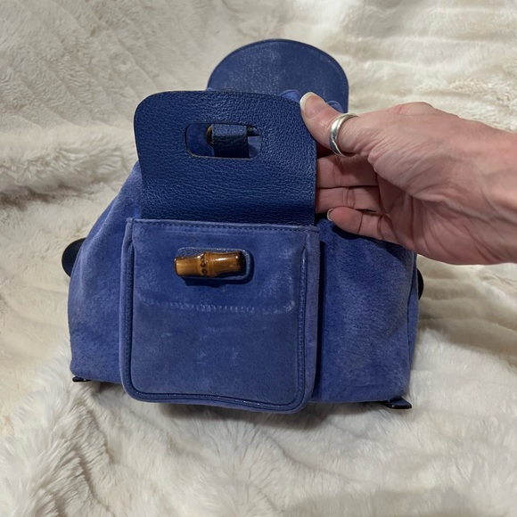 Gucci Blue Suede and Letter Bamboo Backpack - Picture 12 of 13